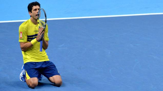 O tenista brasileiro Marcelo Melo comemora a classificação para a final de duplas do ATP Finals, em Londres O tenista brasileiro Marcelo Melo comemora a classificação para a final de duplas do ATP Finals, em Londres