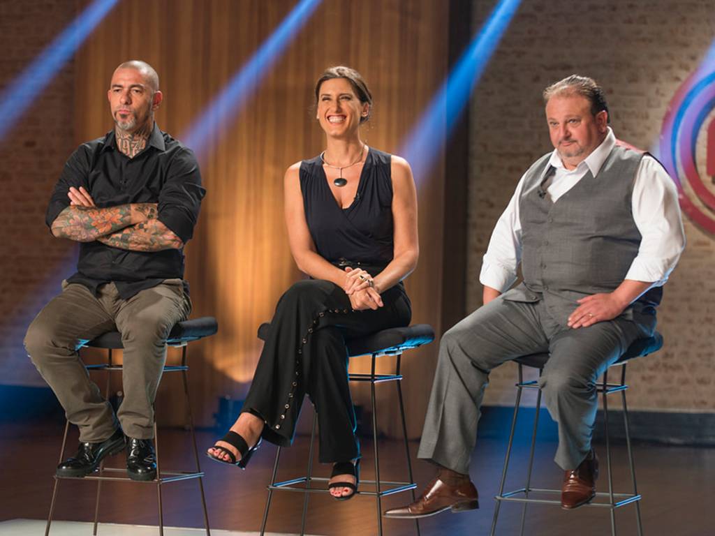 Chefs e jurados Henrique Foga&ccedil;a, Paola Carosella e Erick Jacquin, do programa Masterchef Brasil