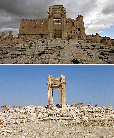 Ruinas do Templo de Bel, localizada em Palmira, na Síria, em março de 2014 (acima), e em março de 2016, após os ataques do grupo Estado Islâmico Ruinas do Templo de Bel, localizada em Palmira, na Síria, em março de 2014 (acima), e em março de 2016, após os ataques do grupo Estado Islâmico