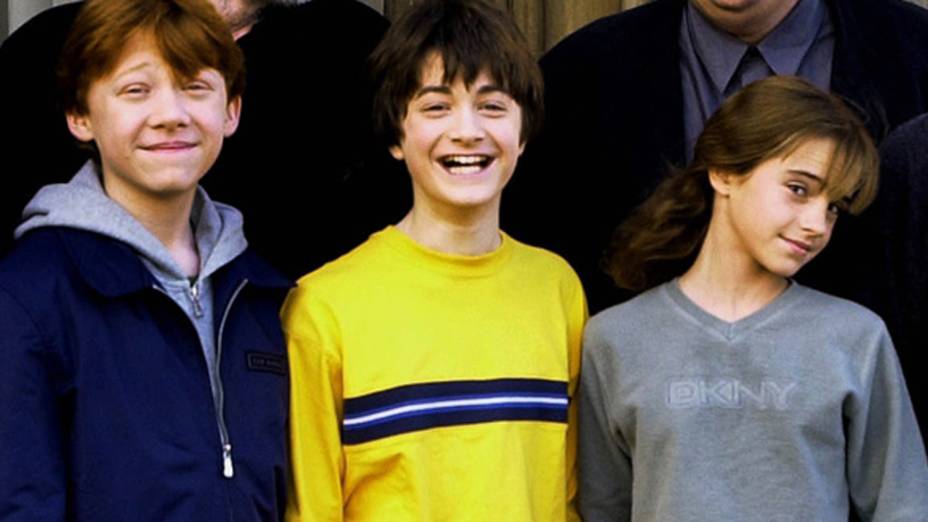 Rupert Grint, Daniel Radcliffe e Emma Watson e sessão de fotos, em 2001