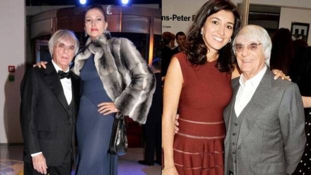 Bernie Ecclestone, com a ex-mulher Slavica (&agrave; esq.) e com a atual, a brasileira Fabiana Flosi