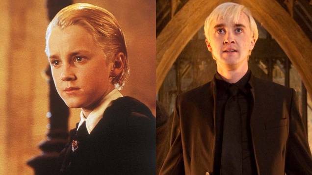 Tom Felton como Draco Malfoy em <em>Harry Potter e a Pedra Filosofal</em>, de 2001, e em <em>Harry Potter e as Relíquias da Morte: Parte 2</em>, de 2011 Tom Felton como Draco Malfoy em <em>Harry Potter e a Pedra Filosofal</em>, de 2001, e em <em>Harry Potter e as Relíquias da Morte: Parte 2</em>, de 2011