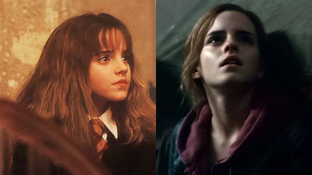 Emma Watson como Hermione em <em>Harry Potter e a Pedra Filosofal</em>, de 2001, e em <em>Harry Potter e as Relíquias da Morte: Parte 2</em>, de 2011 Emma Watson como Hermione em <em>Harry Potter e a Pedra Filosofal</em>, de 2001, e em <em>Harry Potter e as Relíquias da Morte: Parte 2</em>, de 2011
