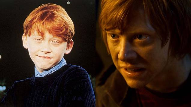 Rupert Grint como Ron em <em>Harry Potter e a Pedra Filosofal</em>, de 2001, e em <em>Harry Potter e as Relíquias da Morte: Parte 2</em>, de 2011 Rupert Grint como Ron em <em>Harry Potter e a Pedra Filosofal</em>, de 2001, e em <em>Harry Potter e as Relíquias da Morte: Parte 2</em>, de 2011