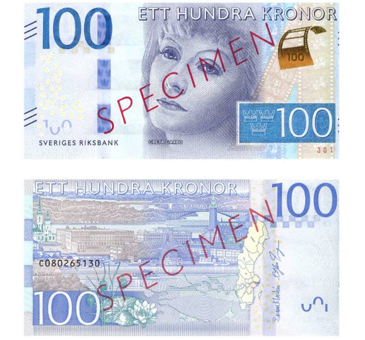 A Suécia concorre com a nota de 100 coroas suecas, que estampa o rosto da lendária atriz Greta Garbo A Suécia concorre com a nota de 100 coroas suecas, que estampa o rosto da lendária atriz Greta Garbo
