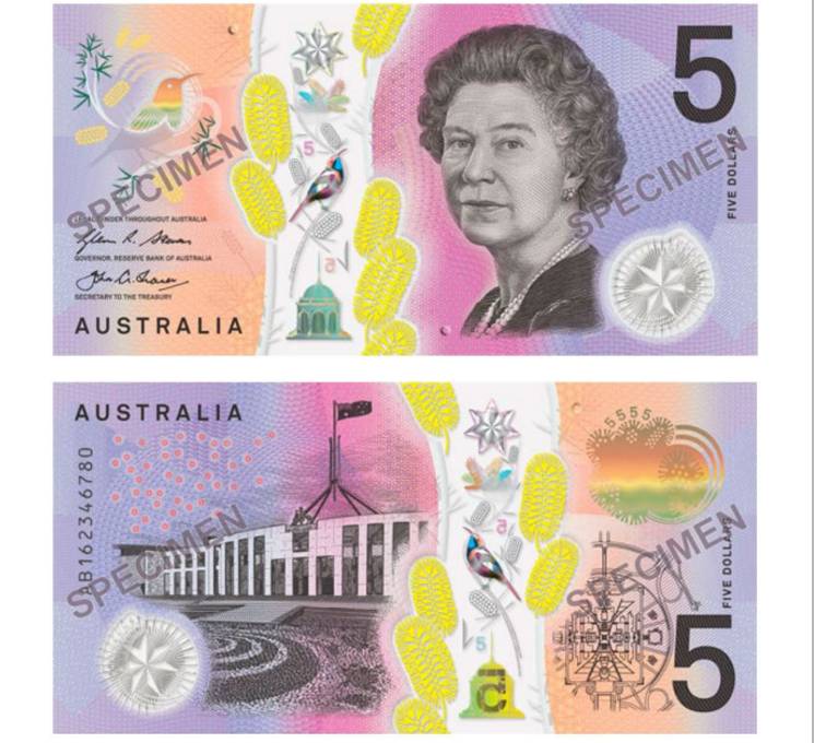 A rainha Elizabeth II, da Inglaterra, estampa a nota de 5 d&oacute;lares australianos que concorre ao pr&ecirc;mio