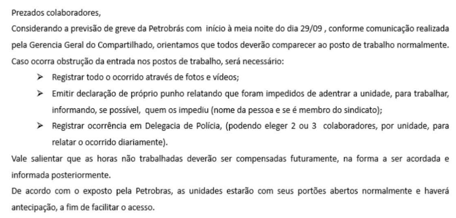 Terceirizados da Petrobras recebem e-mail com recomendações para não terem desconto na greve