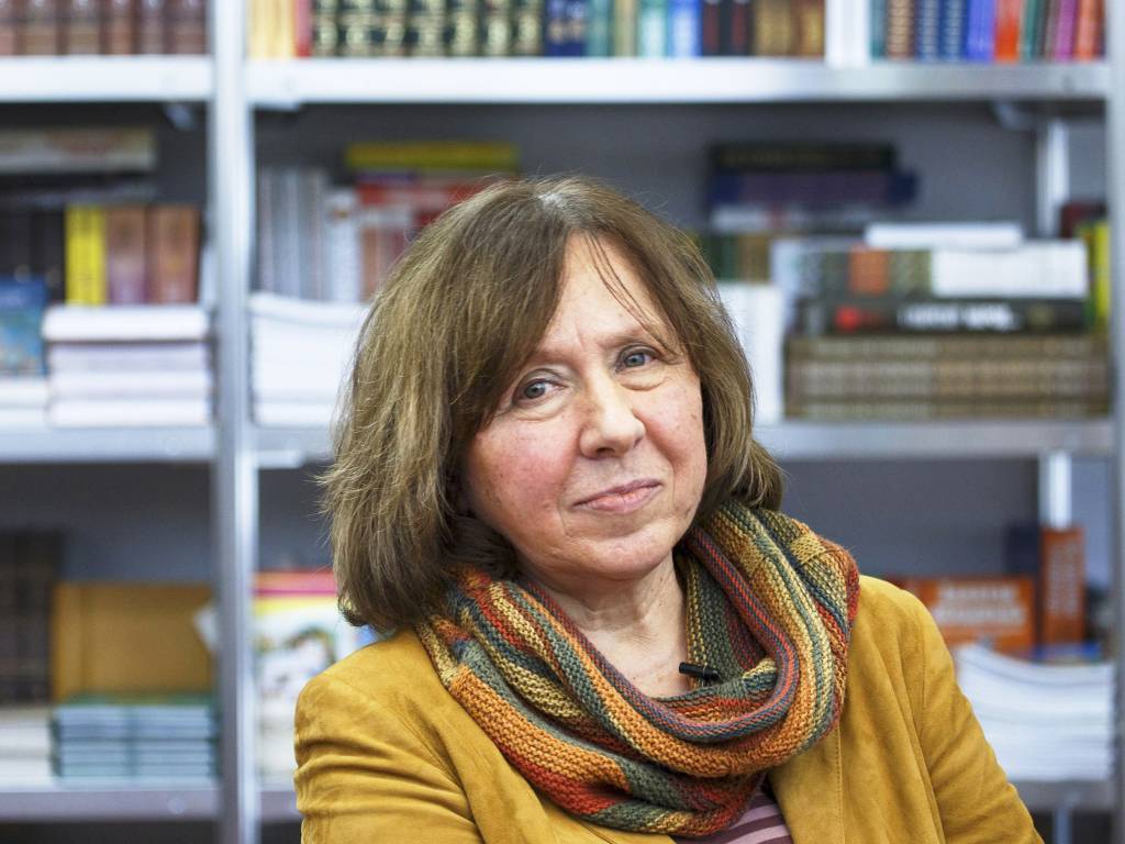 File photo of Belarussian writer Alexievich seen during a book fair in Minsk