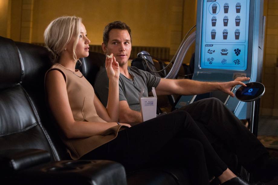 Jim Preston (Chris Pratt) e Aurora (Jennifer Lawrence) no filme Passengers