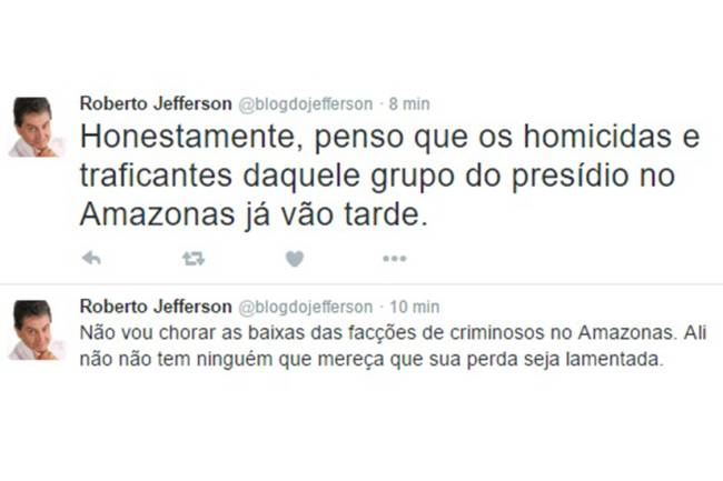 Tweet publicado na conta de Roberto Jefferson Tweet publicado na conta de Roberto Jefferson