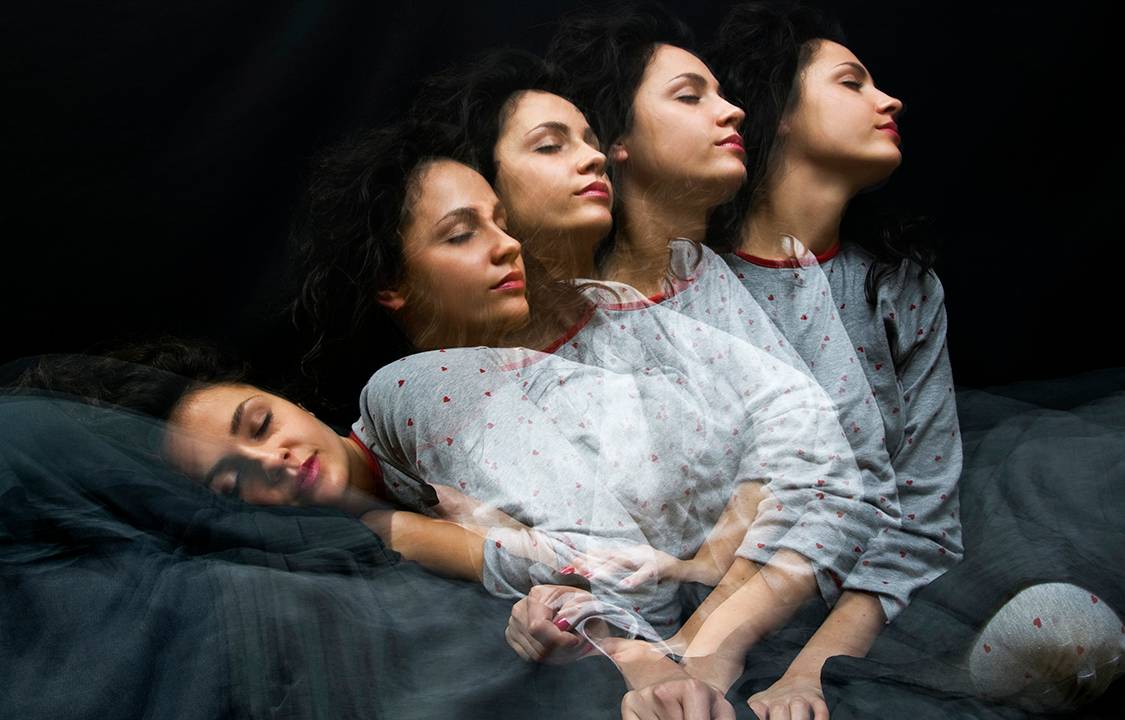 Multiple exposure of sleeping girl getting up