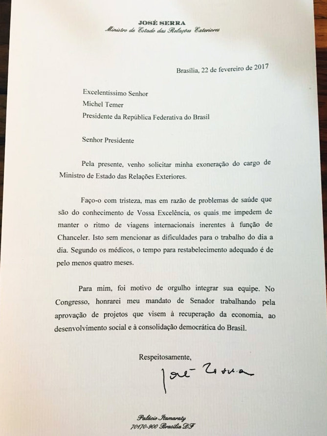 Carta de ren&uacute;ncia de Jos&eacute; Serra