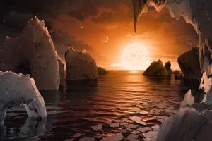 Concepção de artística de como seria a superfície do exoplaneta TRAPPIST-1f Concepção de artística de como seria a superfície do exoplaneta TRAPPIST-1f