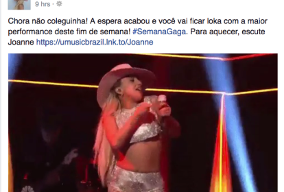 Postagem na página de Lady Gaga