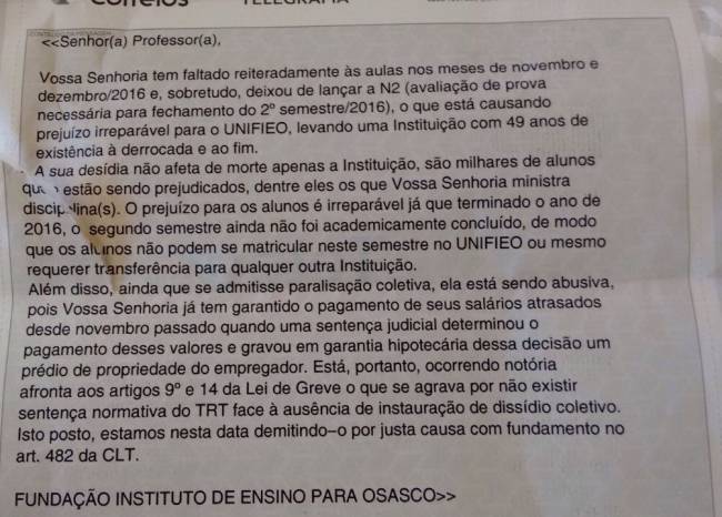 telegrama telegrama enviado pela Unifieo aos professores em 3 de fevereiro