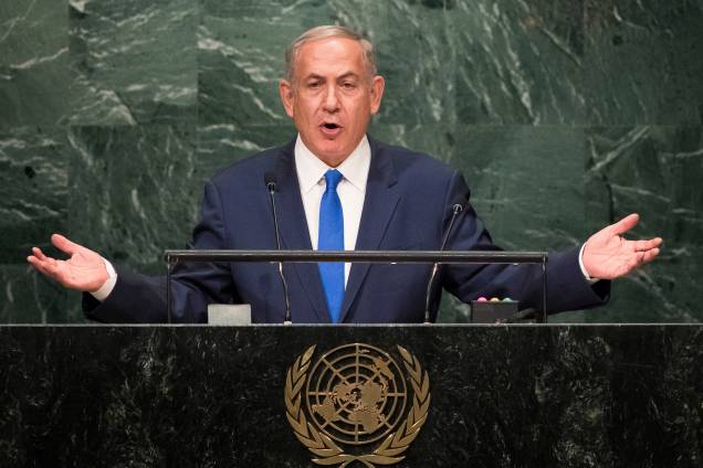 Primeiro Ministro israelense, Benjamin Netanyahu, durante conferência em Jerusalém da ONU, em Nova York Primeiro Ministro israelense, Benjamin Netanyahu, durante conferência em Jerusalém da ONU, em Nova York