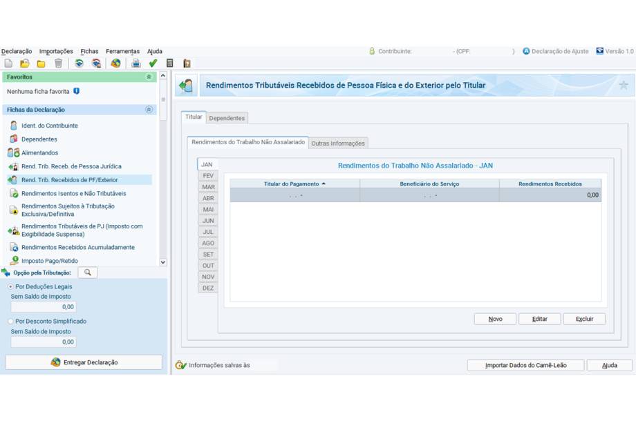 Na ficha “Rendimentos recebidos de PF/Exterior”, na aba “Rendimentos do Trabalho Não Assalariado”, devem ser incluídos rendimentos de trabalhos eventuais ou de prestação de serviço autônoma, recebidos diretamente de pessoa física. É possível importar os dados diretamente do programa do carnê-leão, utilizado por profissionais autônomos. Na aba “Outras Informações”, incluir os rendimentos de aluguéis, os obtidos no exterior, ou qualquer outro. Ressalta-se que os rendimentos obtidos em moeda estrangeira devem ser convertidos em dólar americano de acordo com o câmbio da data do recebimento e, depois, em reais, seguindo o valor para compra fixado pelo Banco Central para o último dia útil da primeira quinzena do mês anterior ao do recebimento do dinheiro.