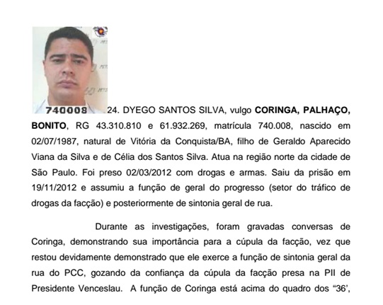 Trecho de denúncia do Gaeco de São Paulo sobre posição de Dyego Santos Silva no PCC