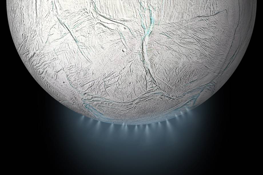 Enceladus, a sexta maior lua de Saturno, em foto tirada pela sonda Cassini da Nasa