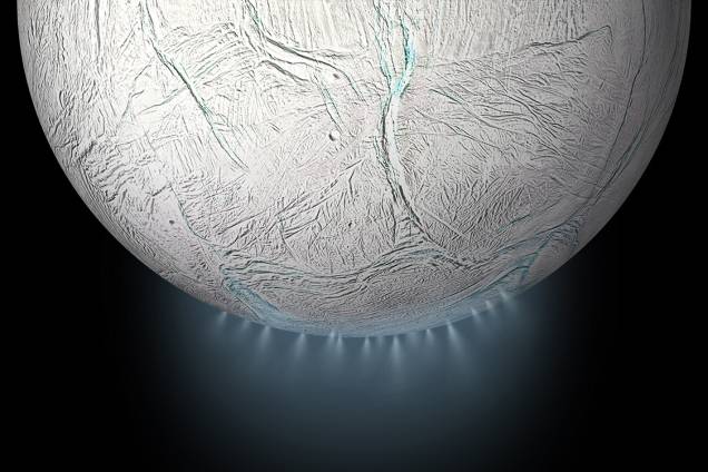 Enceladus, a sexta maior lua de Saturno, em foto tirada pela sonda Cassini da Nasa Enceladus, a sexta maior lua de Saturno, em foto tirada pela sonda Cassini da Nasa