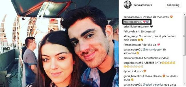 Marcelo Adnet e Patricia Cardoso trocam afagos na internet