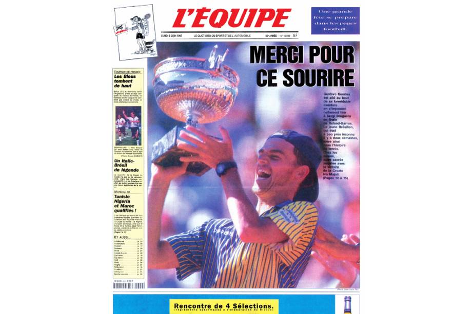 Reprodução da capa do jornal francês L'Équipe do dia 9 de junho de 1997. Na manchete, a homenagem ao novo campeão de Roland Garros: "Obrigado pelo sorriso" Reprodução da capa do jornal francês L'Équipe do dia 9 de junho de 1997. Na manchete, a homenagem ao novo campeão de Roland Garros: "Obrigado pelo sorriso"
