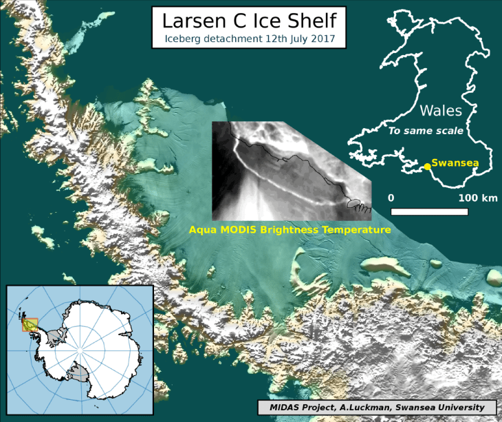 Mapa da Plataforma Larsen C mostrando a separação do iceberg Mapa da Plataforma Larsen C mostrando a separação do iceberg