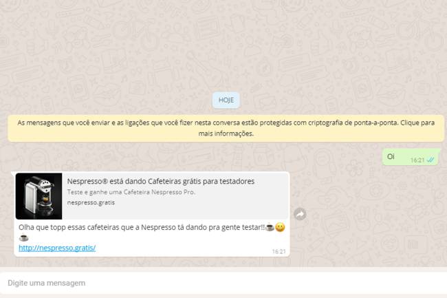 Teste de cafeteira Nespresso grátis é falso Fraude Nespresso Whatsapp