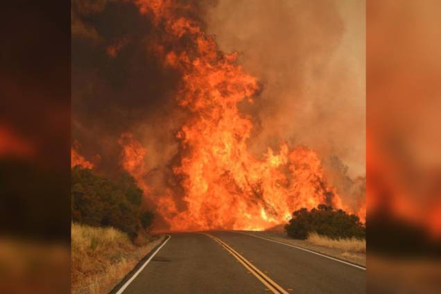 Chamas do incêndio Detwiler invadem uma rodovia em Mariposa, na Califórnia Chamas do incêndio Detwiler invadem uma rodovia em Mariposa, na Califórnia