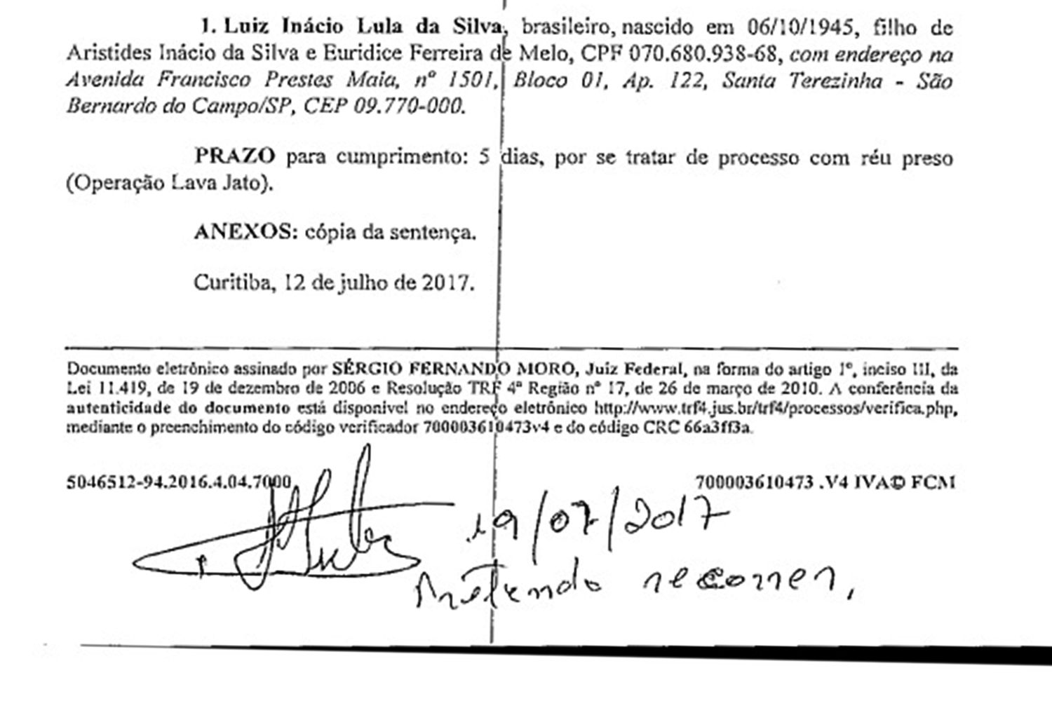 Intima&ccedil;&atilde;o da senten&ccedil;a assinada pelo Lula