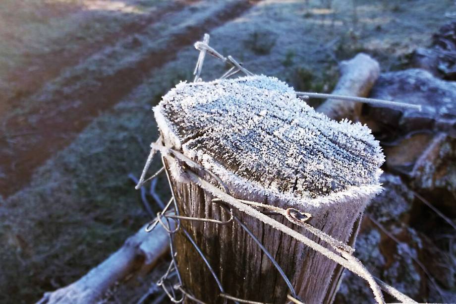 Estaca de madeira amanhece coberta de gelo na Cidade de Urupema, Santa Catarina