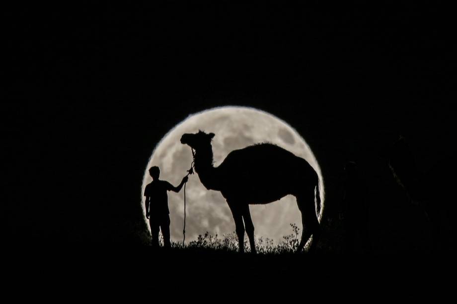 Homem é fotografado com seu camelo durante o eclipse parcial lunar em Van, na Turquia - 07/08/2017