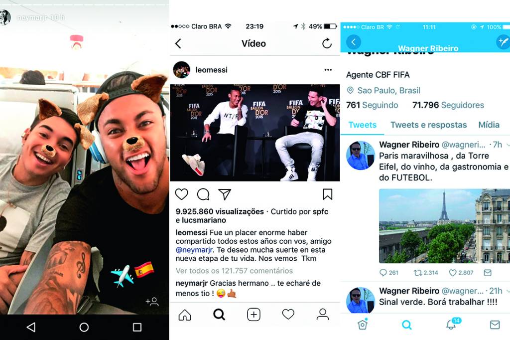 MEU MUNDO NAS REDES – Lionel Messi despediu-se do amigo com um filminho no Instagram. A caminho de Barcelona, vindo da China, Neymar ainda teve tempo de fazer troça. O empresário Wagner Ribeiro, que se dirigia para a Catalunha, deu a senha da contratação ao publicar uma foto da Torre Eiffel no Twitter