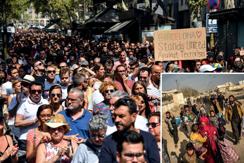 Sem terreno – Na foto maior, pessoas homenageiam as vítimas do atentado em Barcelona e repudiam os terroristas. No destaque, civis deixam um bairro de Mossul, em março, durante ofensiva para liberar a cidade iraquiana que passou três anos sob domínio do Estado Islâmico