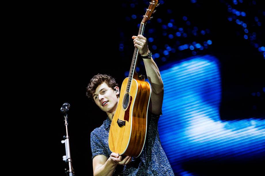 O cantor canadense Shawn Mendes, de 19 anos, no Palco Mundo durante segundo dia de shows do Rock In Rio 2017, no Parque Olímpico, na Barra da Tijuca, zona oeste do Rio de Janeiro (RJ) - 16/09/2019