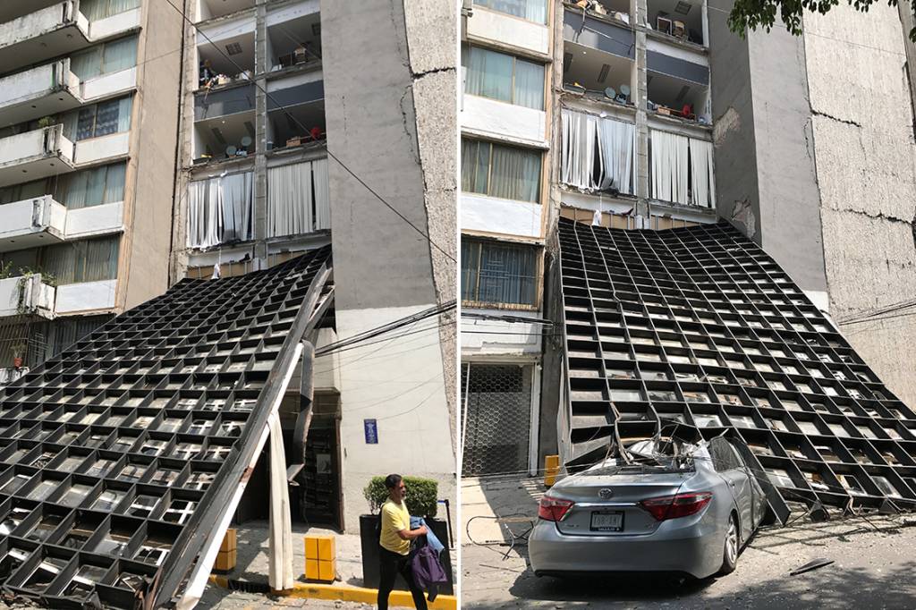 Estrutura de um pr&eacute;dio cai em cima de um carro ap&oacute;s terremoto atingir Cidade do M&eacute;xico, no M&eacute;xico - 19/09/2017