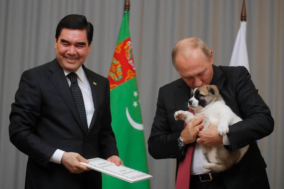 O presidente russo Vladmir Putin beija Alabai, o cachorro pastor turco que o presidente do Turcomenistão, Gurbanguly Berdimuhamedov, lhe deu durante uma reunião em Sochi, na Rússia - 11/10/2017