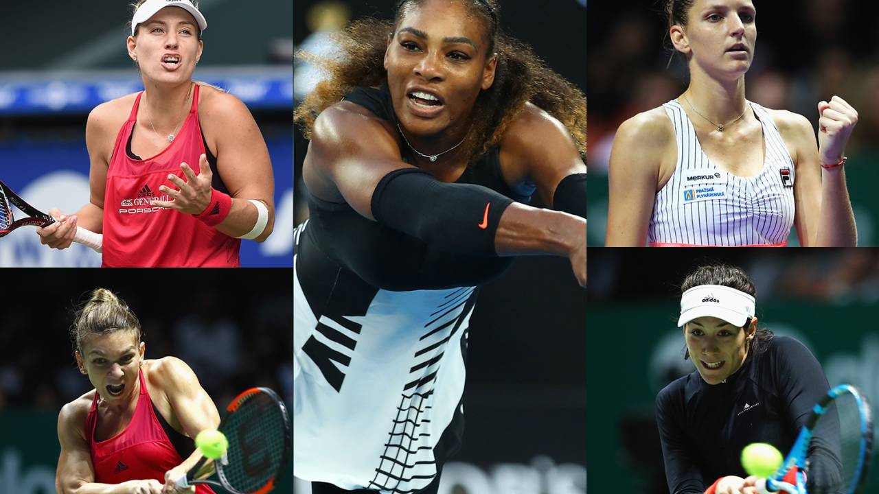 As tenistas Angelique Kerber, Simona Halep, Serena Williams (centro), Karolina Pliskova e Garbine Muguruza