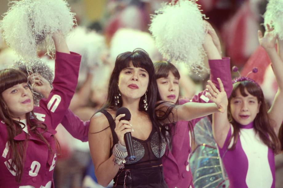 A apresentadora Mara Maravilha durante gravação do programa infantil Show Maravilha do SBT, em 1992