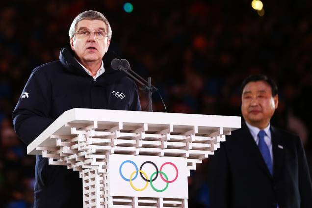 Thomas Bach, presidente do COI (Comitê Olímpico Internacional), realiza discurso durante a cerimônia de encerramento dos Jogos Olímpicos de Inverno, em Pyeongchang, na Coreia do Sul - 25/02/2018 Thomas Bach, presidente do COI (Comitê Olímpico Internacional), realiza discurso durante a cerimônia de encerramento dos Jogos Olímpicos de Inverno, em Pyeongchang, na Coreia do Sul - 25/02/2018