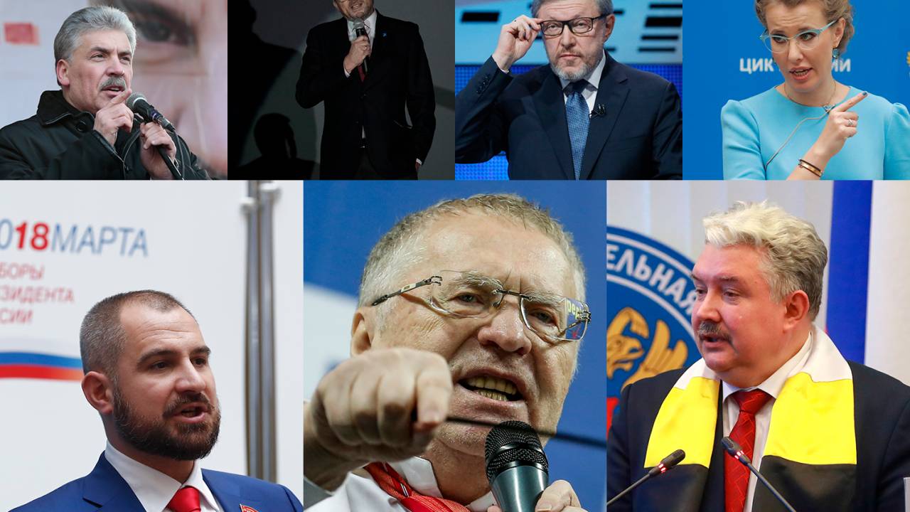 Os candidatos à presidência da Rússia: Pavel Grudinin, Boris Titov, Grigory Yavlinsky, Ksenia Sobchak, Maxim Suraikin, Vladimir Zhirinovsky e Sergei Baburin