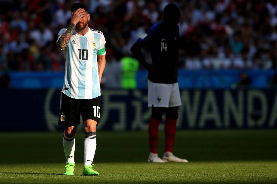 O atacante argentino Lionel Messi durante partida contra a França, válida pelas oitavas de final da Copa do Mundo em Kazan - 30/06/2018