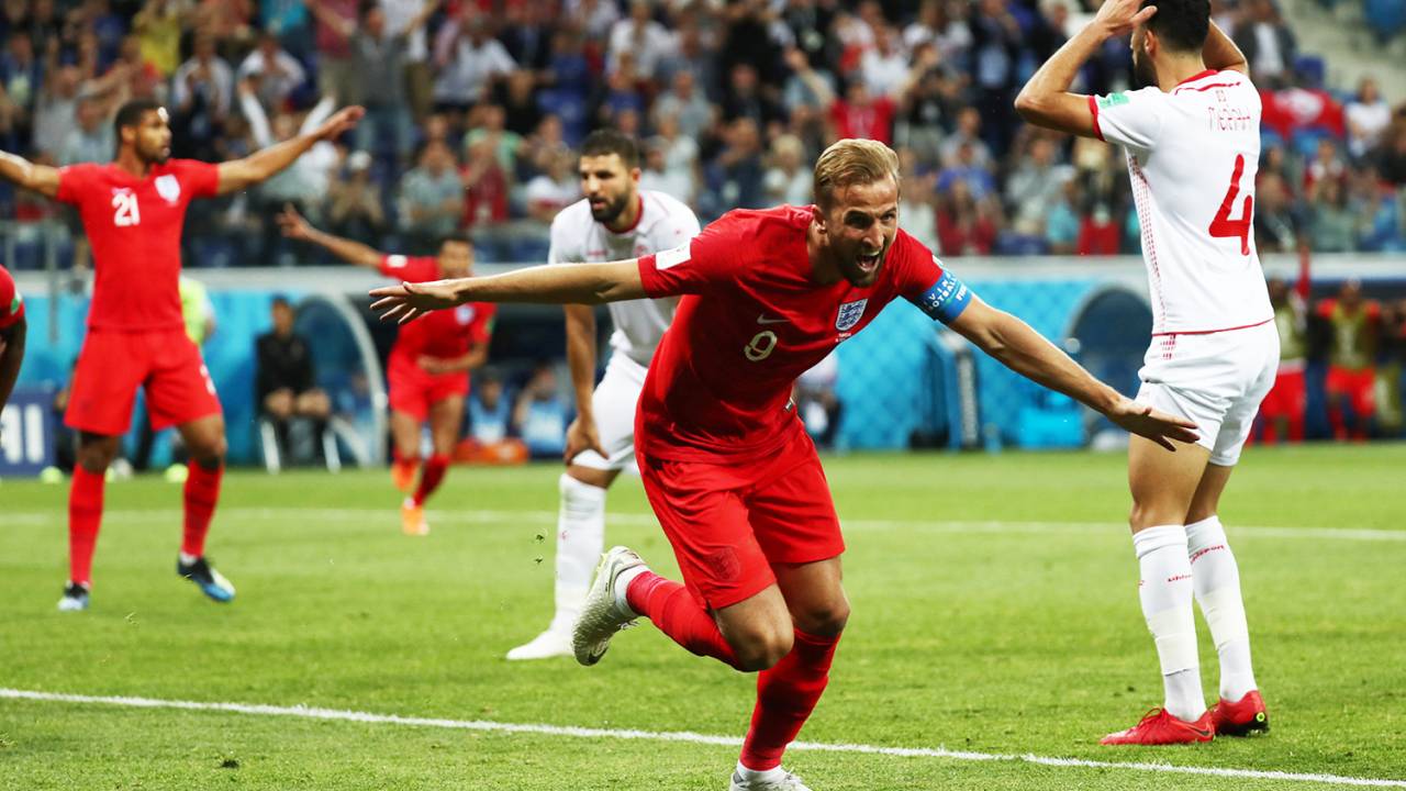 Harry Kane, da Inglaterra, comemora após marcar gol contra a Tunísia, em partida válida pelo Grupo G da Copa do Mundo - 18/06/2018