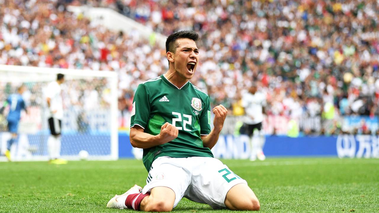 Hirving Lozano comemora após marcar gol para o México, durante partida contra a Alemanha, válida pela primeira rodada do grupo F da Copa do Mundo, realizada no Estádio Luzhniki, em Moscou - 17/06/2018