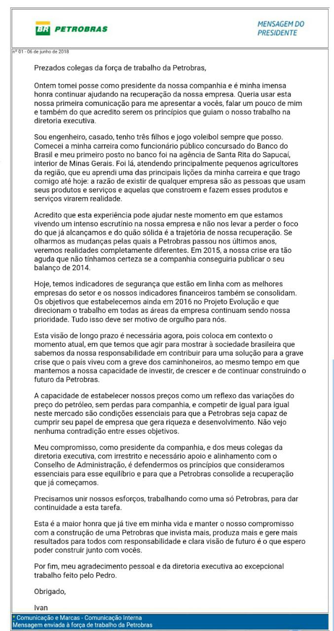 Mensagem do novo presidente da Petrobras, Ivan Monteiro Mensagem do novo presidente da Petrobras, Ivan Monteiro