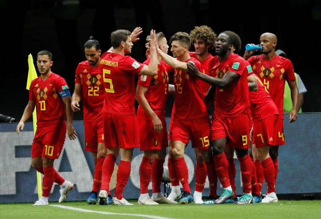Jogadores da Bélgica comemoram o segundo gol, marcado por Kevin De Bruyne, na partida de quartas de final na Arena Kazan - 06/07/2018 Jogadores da Bélgica comemoram o segundo gol, marcado por Kevin De Bruyne, na partida de quartas de final na Arena Kazan - 06/07/2018