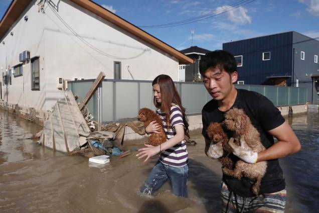 Moradores resgatam cães da área inundada em Kurashiki, Okayama, no Japão - 08/07/2018 Moradores resgatam cães da área inundada em Kurashiki, Okayama, no Japão - 08/07/2018