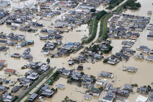 Imagem área mostra área inundada após a chuva pesada em Kurashiki, Okayama, no Japão - 08/07/2018 Imagem área mostra área inundada após a chuva pesada em Kurashiki, Okayama, no Japão - 08/07/2018