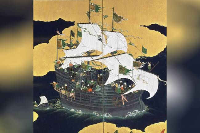 Detalhe de outro biombo: o barco negro lusitano encantou os japoneses e se tornou uma das imagens mais representadas das suas pinturas nos séculos XVI e XVII