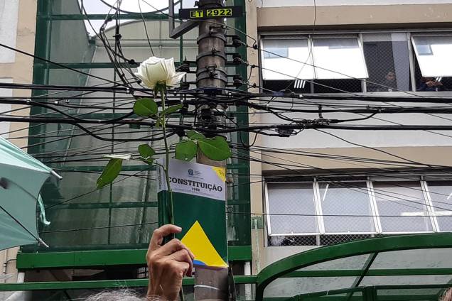 Apoiador de Fernando Haddad ergue um botão de rosa junto com um exemplar da Constituição em frente ao local de votação do candidato do PT à Presidência da República, em São Paulo Apoiador de Fernando Haddad ergue um botão de rosa junto com um exemplar da Constituição em frente ao local de votação do candidato do PT à Presidência da República, em São Paulo